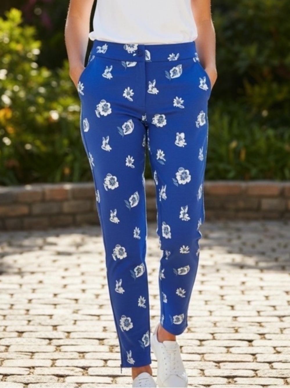 Betabrand Floral Ankle Zip Skinny Work Pants Women's SP Blue Dress Pant Yoga